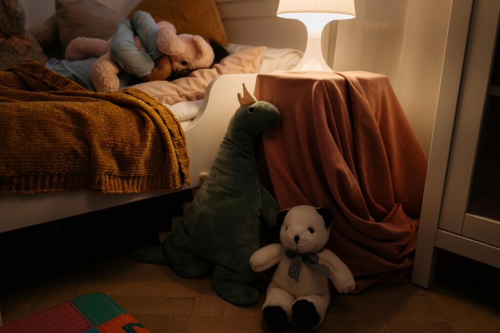 child's bedroom with dim lighting